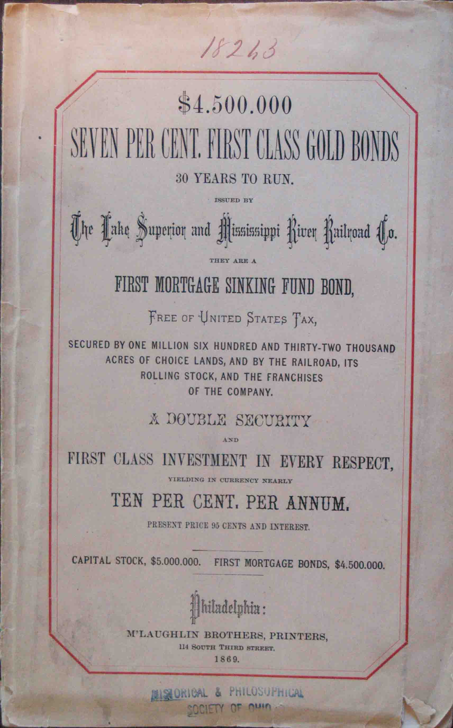 $4,500.000 seven per cent. first class gold bonds, 30 years to run ...