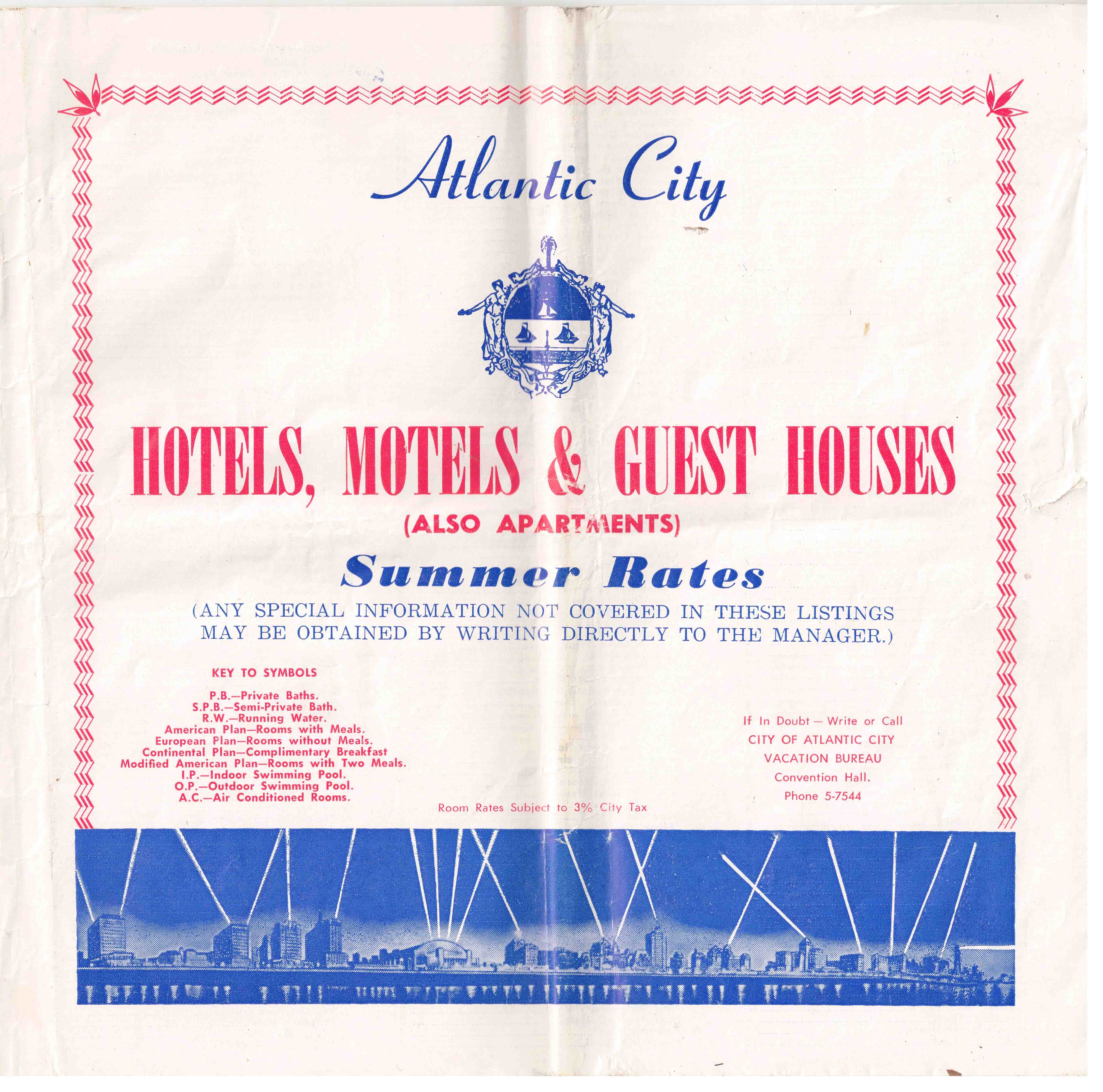 Atlantic City Hotels, Motels & Guest Houses (Also Apartments), Summer Rates
