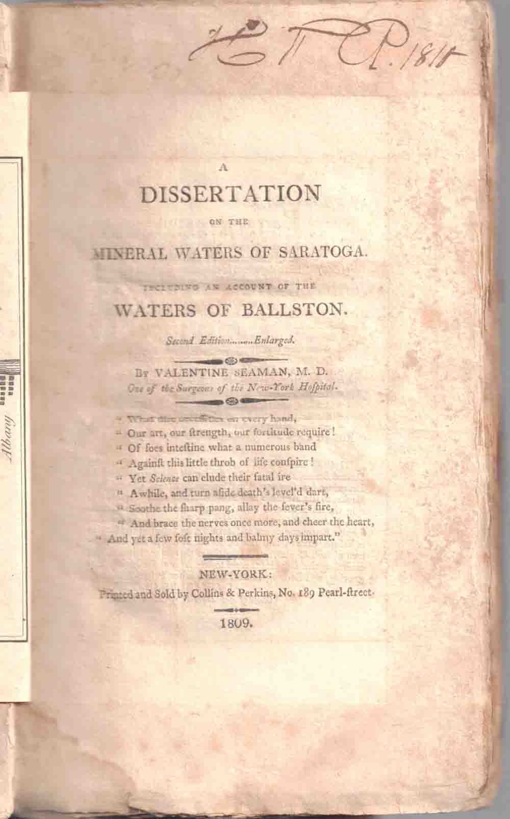 A Dissertation on the Mineral Waters of Saratoga. Including an Account of the Waters of Ballston